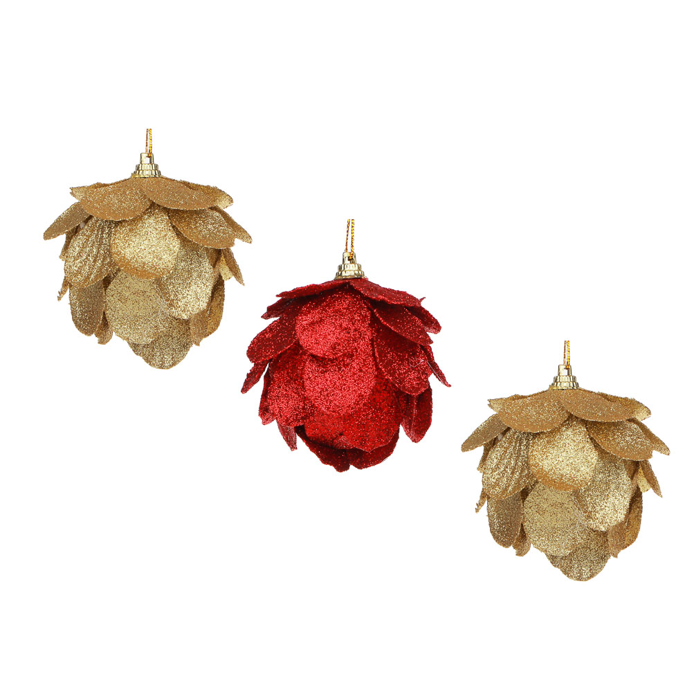 Набор украшений декоративных в форме цветка в глиттере, 3 шт (7 см) красный, золотой