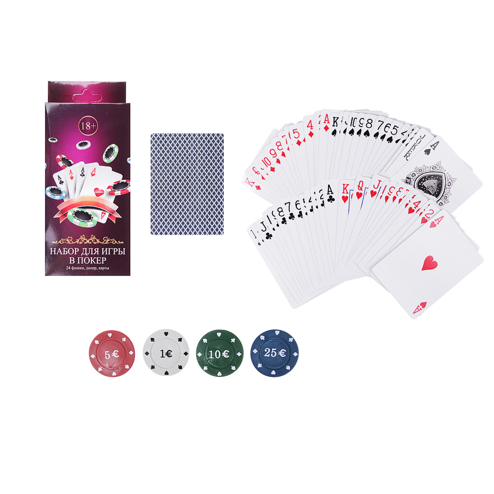 Набор для игры в покер, 7х4,2х14 см, 24 фишки + дилер+ карты, пластик, бумага