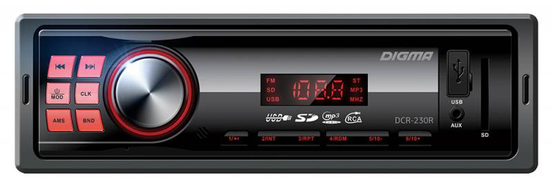 Авто магнитола  Digma DCR-230R (USB/SD/MMC/AUX MP3 4*45Вт 18FM красн подсв)