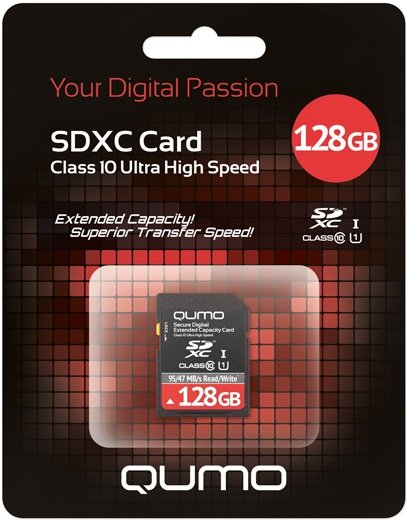Пам.MicroSDXC,128Gb QUMO (Class 10 UHS-I, 3.0 сверхскоростная) с адап SD, черно-красн картон упак