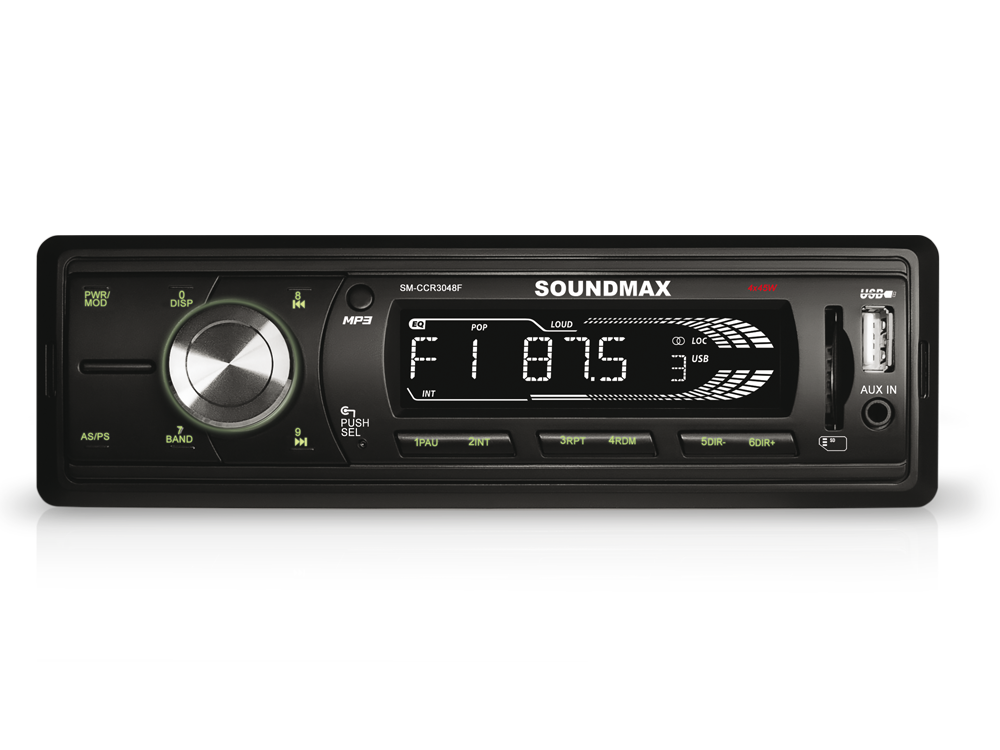 Авто магнитола  Soundmax SM-CCR3048F черный\G (USB/SD/MMC/MP3 4*45Вт 18FM зелёная подсветка)