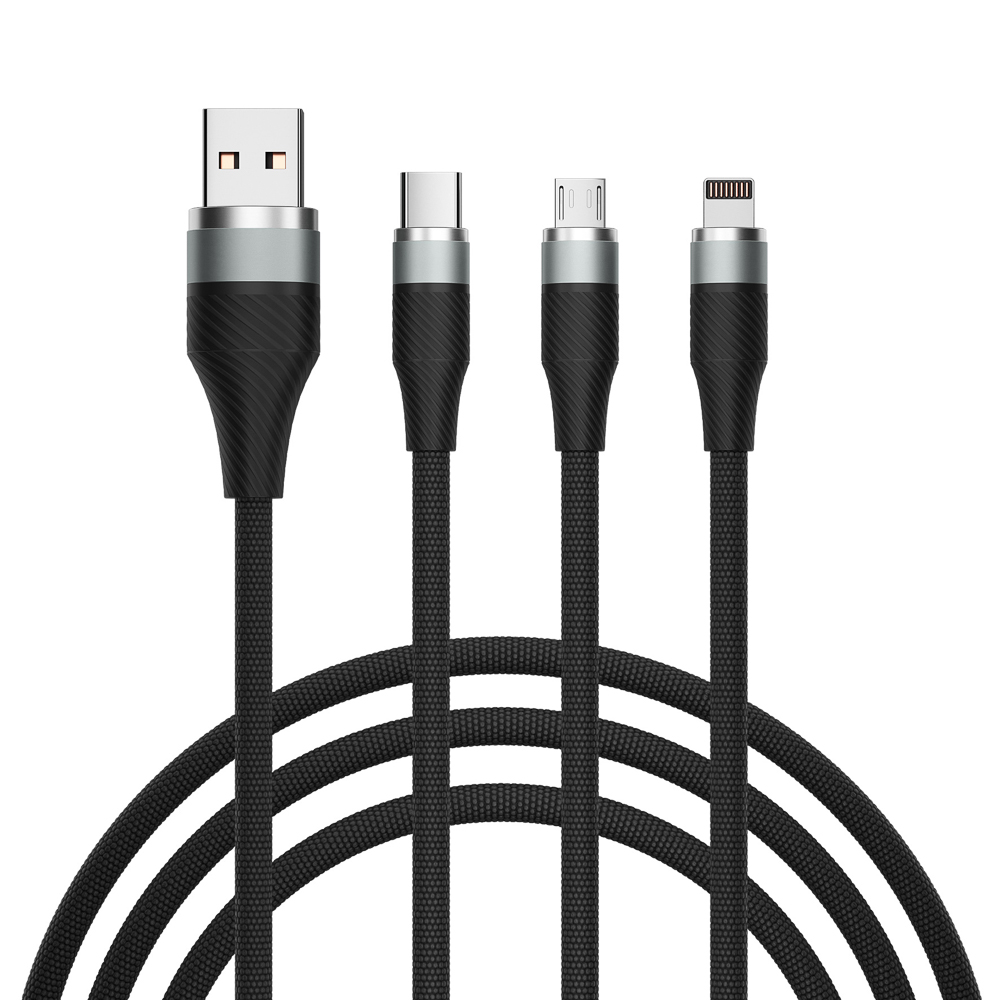 Кабель USB - 3в1 - iP/Micro USB/Type-C, 1.5м, 2.4А, тканевая оплётка, серый