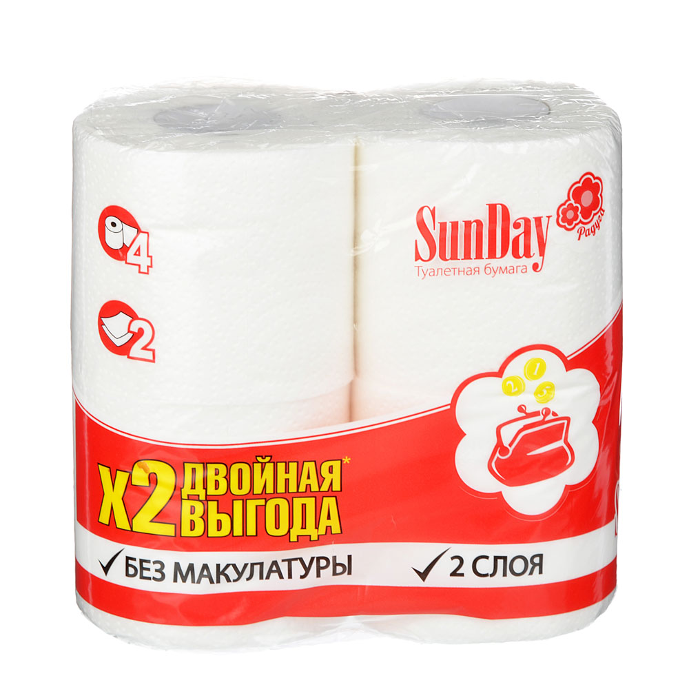 Бумага туалетная SunDay 2-х слойная белая, 4шт