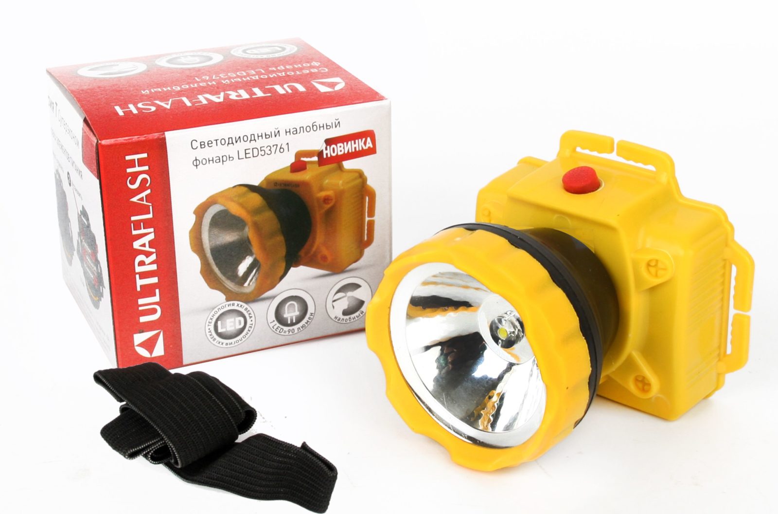 Фонарь  Ultra Flash  LED53761 (фонарь налобн., желтый, 1LED,1Вт, 1 реж, 3хR6, пласт, коробка)